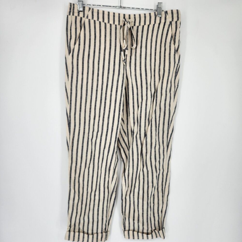 J. Crew Women's Medium Beige Navy Stripe Tie Waist Seaside Pants NWT